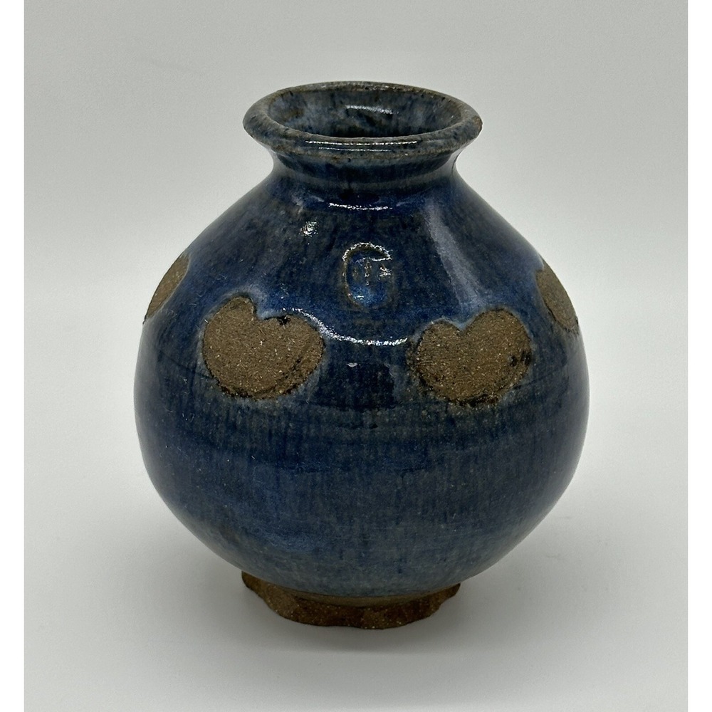 Signed Pottery Bud Vase Hearts Blue Studio Glazed Art